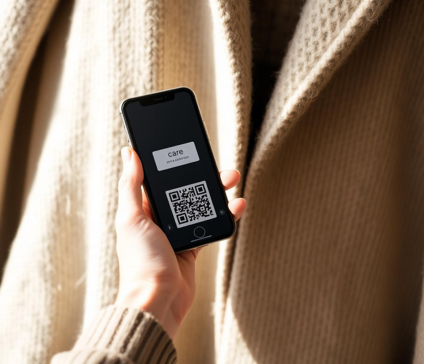 Mobil som skanner QR-merke på et plagg